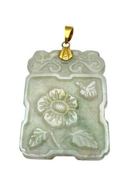 Jade Pendant 14kt Bail Hand Carved Double-Sided Floral & Figure Vintage